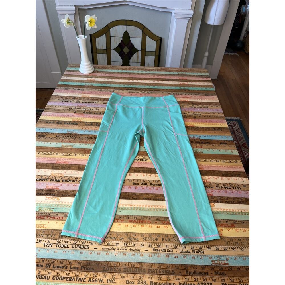 Tuckernuck Sport M Women HR Crop Compression Leggings Green Pink Trim Yoga Run